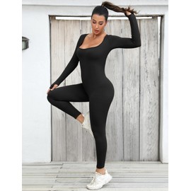 UMIPUBO Jumpsuit Women's Long Sports Yoga Bodysuit Jumpsuit Stretch Playsuits Square Neck Long Sleeve Bodycon Romper Sportswear Women's Set, black