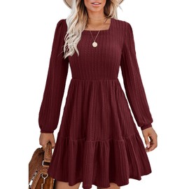 BIUBIU Women's Casual Knit Sweater Dress Square Neck Long Sleeve Knee Length Babydoll Dresses Trendy 2024(Wine red,L)