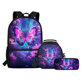 Kxyudcn Purple Butterfly Backpack with Lunch Box 1St Grade Backpack Girls Practical Portable School Bag and Lunch Bag Set for Girls 8-10 3pcs Bookbag for Girls 7-8 Hiking Daypack Travel