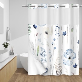 WITHLOC No Hook Shower Curtain with Snap in Liner - Floral Shower Curtain - Fabric Waterproof Inner Liner, Plants Watercolor Navy Blue Modern Cloth Shower Curtains - Machine Washable, 71 x 74