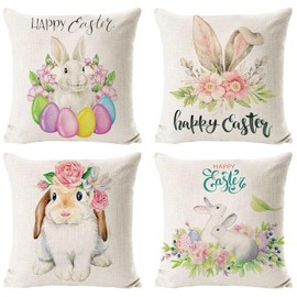 KOIROI Pack of 4 Easter Cushion Covers, 45 x 45 cm, Easter Decoration Linen Cushion Cover, Easter Bunny Cushion Cover, Spring Holiday Cushion Cover Decoration for Easter, Home Decoration, Party