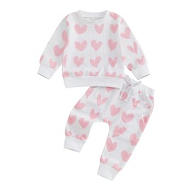MAHUAOYIXI Toddler Baby Girls Outfits Love Heart Pattern Waffle Grid Long Sleeve Sweatshirt Pullover Top with Elastic Waist Pants Sets 2Pcs Baby Clothes for Little Girls Fall Winter (Pink, 3-4 Years)