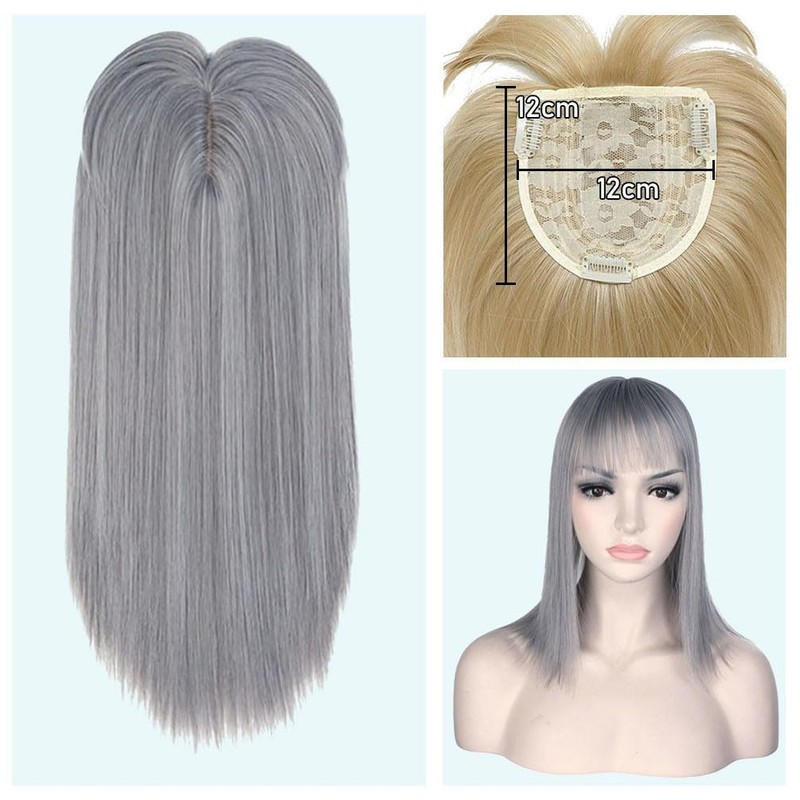 Silk Straight Hair Topper Thick Bangs 16inch Clip in One