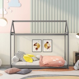 Harper & Bright Designs Twin House Floor Bed for Kids, Wooden Twin Montessori Bed Frame,Kids Twin Bed Frames for Baby Girls, Boys(Twin,Grey)