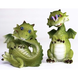 WorldWideSlides Mythical 2 Baby Dragon Figurines, Blue-Eyed, Buck Teeth - Tommy & Sis - Butterfly on Nose & Biting Tail