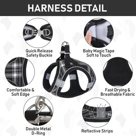 GAMUDA Small Dog Harness Collar and Leash Set, Step in No Chock No Pull Soft Mesh Adjustable Dog Vest Harnesses Plaid Reflective for Dogs Puppy Cats Kitten Rabbit (Black, M)
