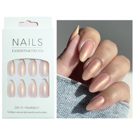 Pale Pink Mirror Face Press on Nails Medium Almond Shape Acrylic Fake Nails with Salon UV Finish Sparkling Gel Nails Press ons Glossy Flash Glue on Nails Medium False Nails with Designs for 24PCS