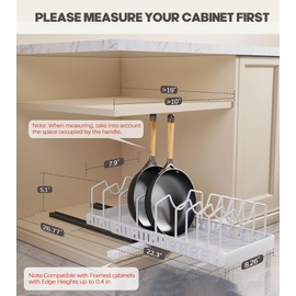 Pull Out Pots and Pans Organizer Under Cabinet, Expandable Sliding Lid Holder and Pan Rack for Kitchen, Slide Out inside Cabinet for Pot Lid, Bakeware, Dishes, 10 Adjustable Dividers, 1 Pack White