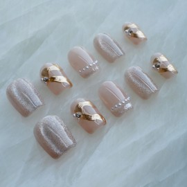 [GLORS] Purely Handmade Short Press On Nails | Elegant French Pink Pearl Gold Fake False Nail | Salon Quality in Short Square Press on Nails 10 pieces (L, SS)