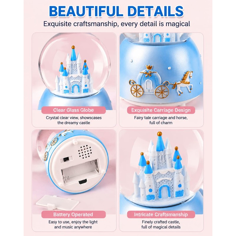 Snow Globe, Castle Musical Snowglobe with Automatic Snowfall (Blue)