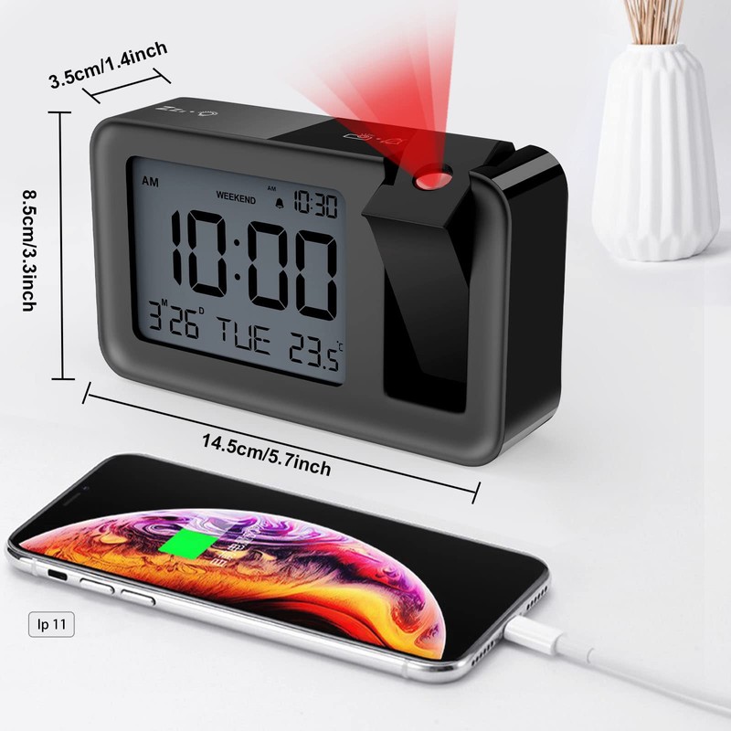CHEREEKI Projection Alarm Clock, Alarm Clock with Indoor Temperature, 4