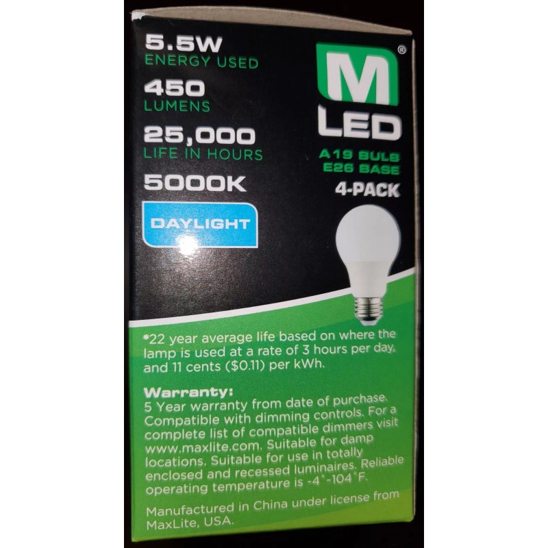 Maxlite 40w Equivalent LED 4 Daylight Bulbs 5000k Dimmable A19