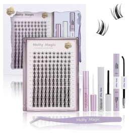 Molly Magic Fairy Lash Clusters Kit，Wispy Natural 8-18mm Cluster Eyelash Extensions Kit, D Curl Individual DIY False Lash Extension Kit With Lash Bond and Seal, Thin Invisible Black Lash Band