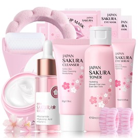Kirschblüten Skin Care Set Teenager Mädchen Geschenke - Sakura Skincare Set - Anti-Aging Gesichtspflege Set - Hydrierend Beauty Geschenkset Frauen - Mit Gesichtsroller,Toner,Serum,Creme