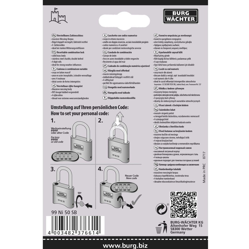 Burg-Wächter 99 Ni 50 SB Combination Padlock, Brass, Normal