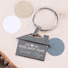 Herz & Heim® Key Ring House with Home Sweet Home Lettering and Desired Text Engraved, silver
