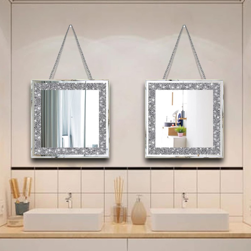 XIHACTY 2 Piece Wall Mirrors, Crush Diamond Mirrors Decor, Silver