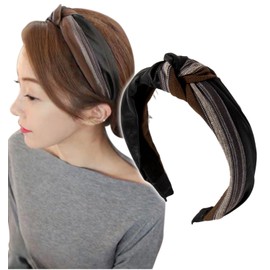 Herbeluemily Headband Hair Band, PU Leather, Bi-Color, Twist, Wide, Cross, Bandana, Black x Dark Brown