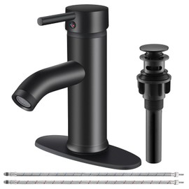 HOZKUY Matte Black Bathroom Faucet Single Hole Bathroom Sink Faucet Single Handle Stainless Steel Modern Vanity Faucet for Bathroom Sink with Deck Pop Up Drain Stopper & Water Supply Hoses
