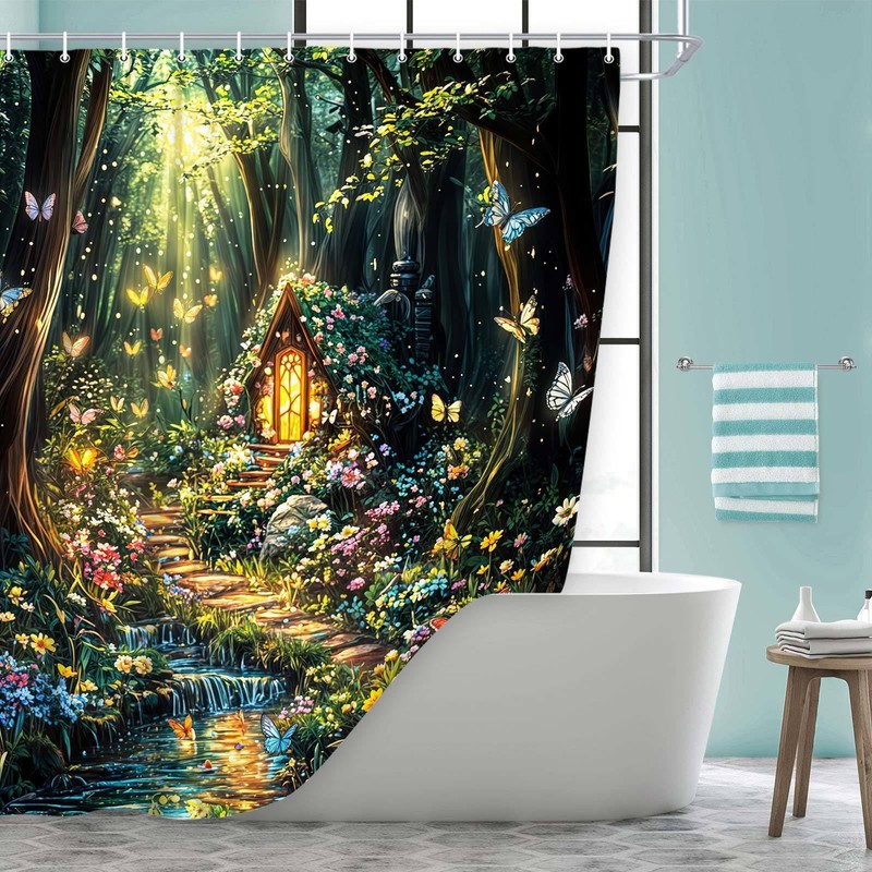 Coveimes Fantasy Forest Path Shower Curtain Beautiful Wonderland Rainforest Floral