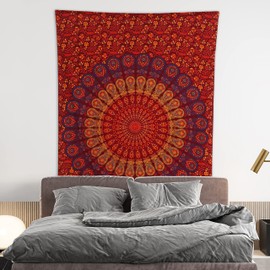 Bless International Handmade Indian hippie Bohemian Psychedelic Peacock Mandala Wall hanging College Dorm Beach Throws Table Cloth Bedding Tapestry (Golden Brown Maroon, Twin(54x72Inches)(140x185cms))