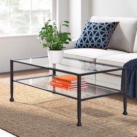 ClickDecor Maddox 2-Tier Tempered Glass Coffee Table with Metal Frame, Console, Living Room Accent Furniture, Rectangular Top with Storage Shelf, Easy Assembly, 48 Inch, Black