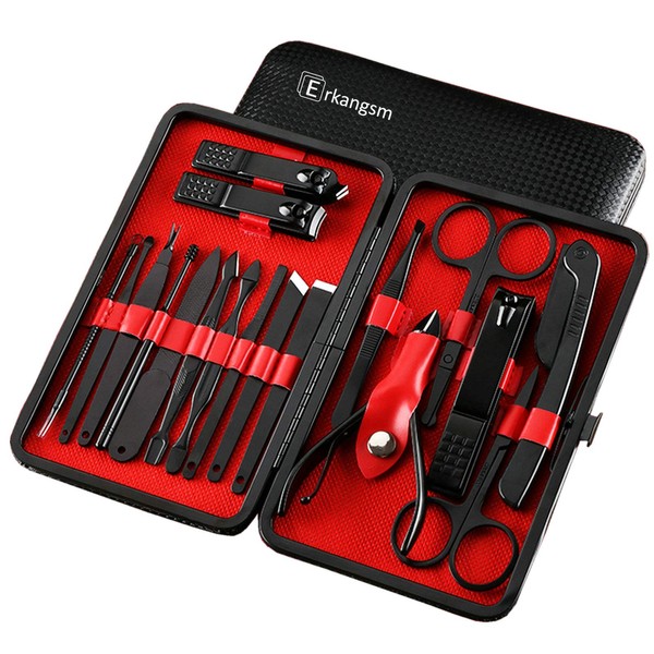 Professional Manicure Pedicure Stainless Set - Erkangsm 18 in 1 Manicure Pedicure Grooming Kit,Nail Clippers,Toenails Scissors,Ear Pick,Nail Tools with PU Leather Travel Case (Black)