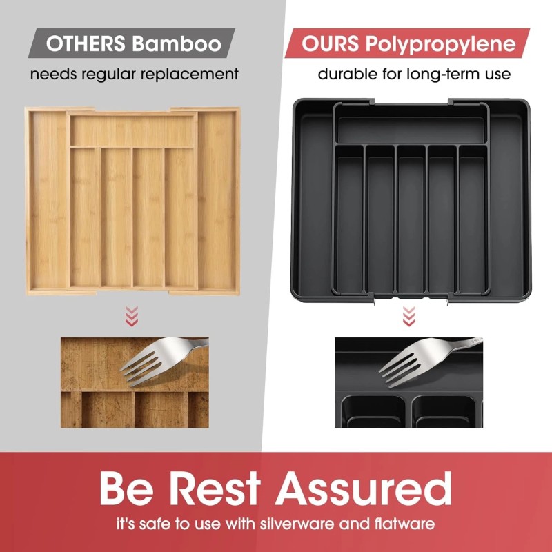 Aujen Expandable Kitchen Drawer Organizer - Multipurpose Black Cutlery and