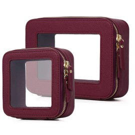 Pinkmik Clear Makeup Bag Waterproof Travel Case for Cosmetics and Toiletries Women's Purse Organizer and Clear Car Bag with Zipper (X/Burgundy, M+MINI)