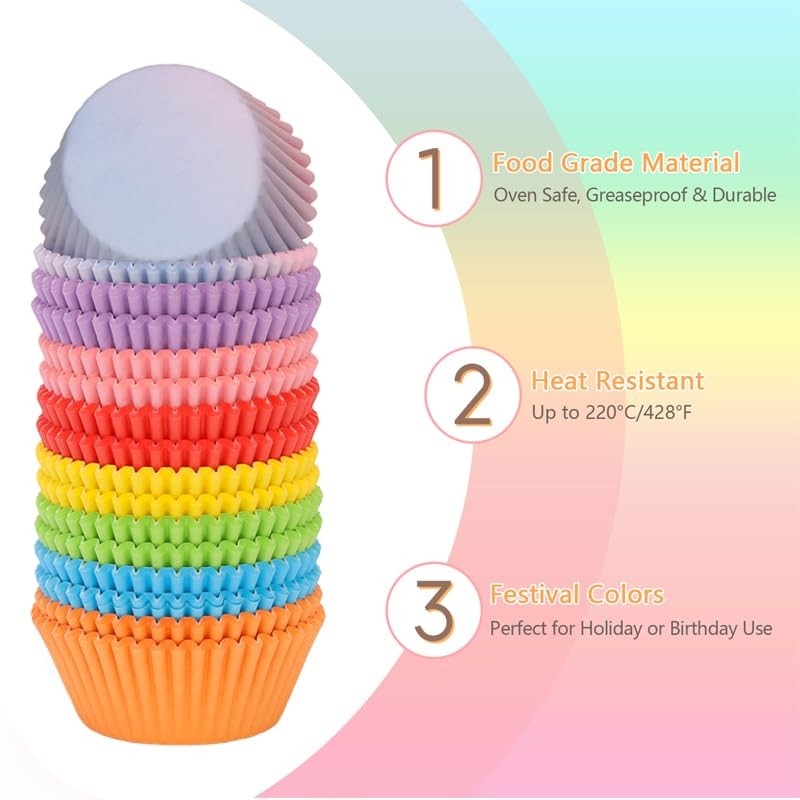 SKIDEC Rainbow Standard Cupcake Liners 400 Count Solid Colorful Paper