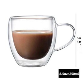 Komost Double Walled Glass Coffee Mugs Set of 2, 8.5oz Clear Insulated Glass Espresso Cup with Handle for Cappuccino Latte Americano Tea Bag