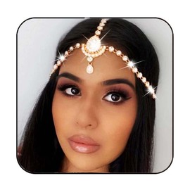 Reaky Rhinestone Head Chain Gold Tone Crystal Headpiece Headpiece for Women (Gold, One Size)