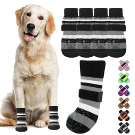 KOOLTAIL Anti Slip Dog Socks for Hardwood Floors to Prevent Licking Paws with Grippers, 2 Pairs Paw Protector, Double Sides Stripe Dog Shoes Toe Grips for Small Medium Large Senior Dogs L