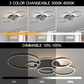 O'NEELDY Black Flush Mount Ceiling Light Dimmable Dining Room Light Fixture Round 6 Rings Modern LED Ceiling Light with Remote Control 47" Kitchen Lighting Fixture Ceiling Lamp for Living Room,Bedroom