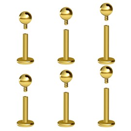 NewkeepsR 6PCS-16G Gold Internally Threaded Titanium 3mm Plain BallsPiercing Jewellery Labret, Implant Grade Flat Back Lip Tragus Helix Studs Conch Earring
