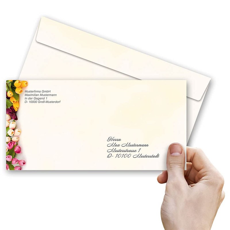 25 envelopes (without window), spring, colourful tulips DIN long (220