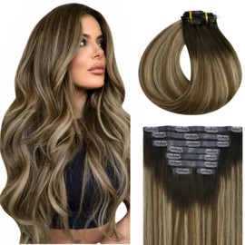 Full Shine Clip in Hair Extensions for Women 12 Inch Seamless PU Weft Clip in Extensions Ombre Brown to Medium Brown Mix Honey Blonde Color 2/3/27 Seamless Clip in Hair Extensions Human Hair 80g 8pcs