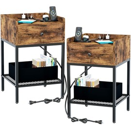 Y&M Nightstand with Charging Station and USB Ports Set of 2, Side End Table with Drawer, Modern Bedside Tables Night Stand Storage Shelf for Small Spaces, Bedroom, Living Room - Brown