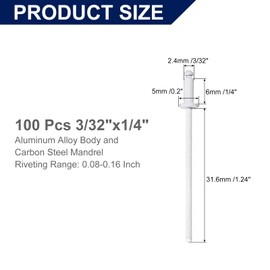 sourcing map 100Pcs 3/32"x1/4" Aluminum Blind Rivets, Aluminum Grip and Steel Mandrel, Dome Head Long Split Rivets for Metal, Furniture, Automotive, White