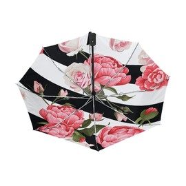 Oyihfvs Floral Peony and Roses Flowers On Black White Stripes Auto Open/Close Folding Umbrella, Strong Inner Print Travel Rain Umbrella, Portable Automatic Compact Sun Parasol with UV Protection