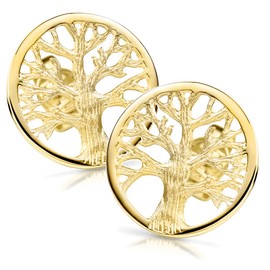 Materia Women's Stud Earrings Gold Tree of Life 925 Silver Earrings Gold-Plated Celtic Available in 9 mm or 14 mm, Sterling Silver, No Gemstone