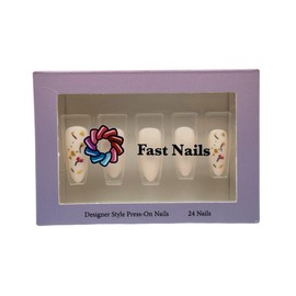 Fast Nails Press On Nails- 24 Pieces Vintage Floral Design with Gold Foil Flakes Glossy Mixed Color Long Almond Reusable Nail Kit with Adhesive Tabs