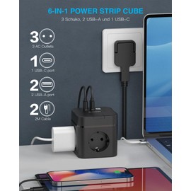 Steckdosenwürfel mit USB C, 3 Fach Mehrfachsteckdose Cube Flachstecker mit Einzeln Schaltbar, Steckdosenleiste mit 2m Kabel, 1 Typ-C USB Mehrfachstecker für Büro Hause Reisen (Schwarz)