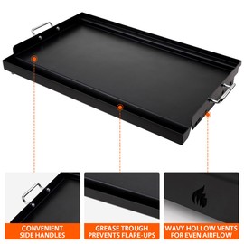 LotFun 25" x 16" Carbon Steel Cooking Griddle for Outdoor Gas Grill, Universal Griddle Flat Top Plate Insert with Grease Groove and Removable Handles for Electric/Charcoal/Gas Grill, Camping,Party