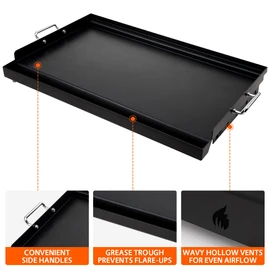 LotFun 25" x 16" Carbon Steel Cooking Griddle for Outdoor Gas Grill, Universal Griddle Flat Top Plate Insert with Grease Groove and Removable Handles for Electric/Charcoal/Gas Grill, Camping,Party