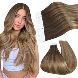 Ugeat Tape Extensions Real Hair Dark Brown Tape Extensions Balayage Ash Brown Tape Extensions Real Hair Remy Hair Extensions 30 cm 20 Pieces #4/10/16