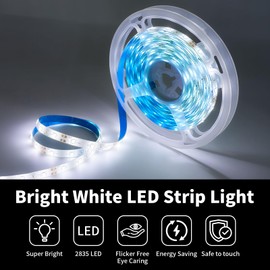 iNextStation White LED Strip Light 6000K, 16ft/5M 2835 SMD 300 LEDs 12V Flexible Cuttable Waterproof LED Tape Light for Bedroom Kitchen Cabinet Wardrobe TV
