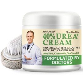 Activelife 40% Urea Moisturizer Cream - Formulated by Doctors - Callus Remover - Moisturizes Body and Rehydrates Dry, Cracked, Rough Dead Skin of Feet, Hands and Elbows - Free Pumice Stone and Exfoliating Brush