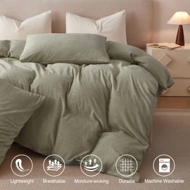 BFS HOME Linen Duvet Cover Twin Size - Soft Breathable Cotton Linen Blend, 3-Pieces Bedding Set with 2 Pillowcases, Stonewashed Texture, Green, All-Season Comfort