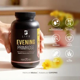 Aceite de Prímula con 180 Cápsulas | 2000 mg por porción de Onagra (Evening Primrose) Rica en Omega-6 para Bienestar de la Piel y Equilibrio Interno | B Life